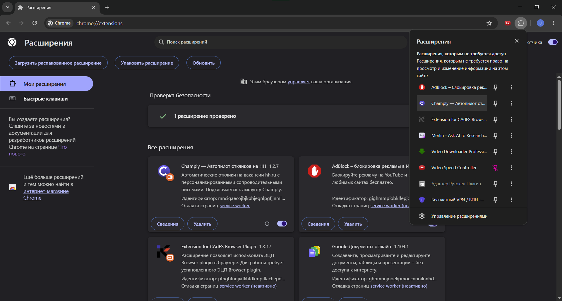 Champly Autopilot в списке расширений Chrome