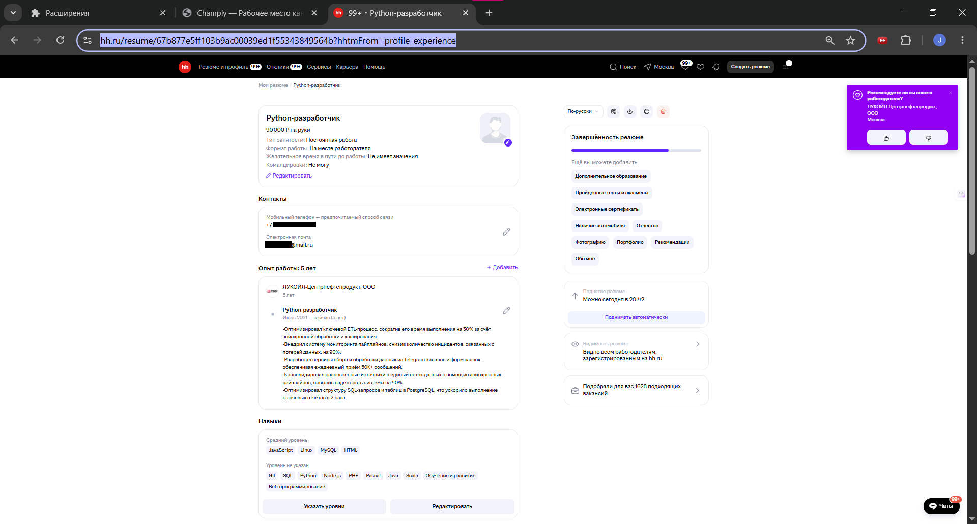 Ссылка на резюме hh.ru в адресной строке Chrome